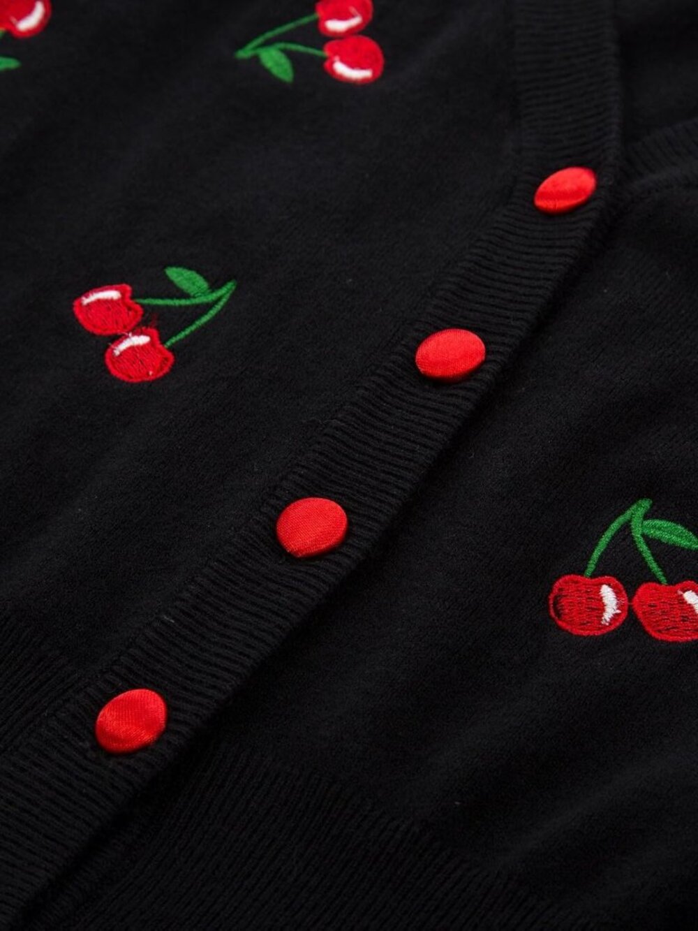 Women's 3/4 Sleeve V-Neck Button Down Cherries Embroidery Cropped Cardigan Sweat - Picture 5 of 7